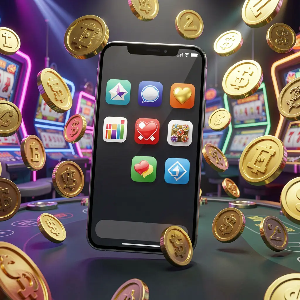 Conceito de aplicativo de cassino Android 5gggg exibido em um celular moderno com ícones de aplicativos, cercado por moedas douradas e símbolos de caça-níqueis flutuando em uma atmosfera de cassino neon, renderização 3D realista