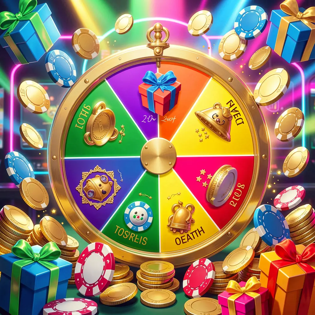 Roda de bônus do cassino 5gggg com seções coloridas de prêmios cercadas por moedas douradas, fichas e caixas de presente sob luzes brilhantes de cassino neon em uma composição dinâmica