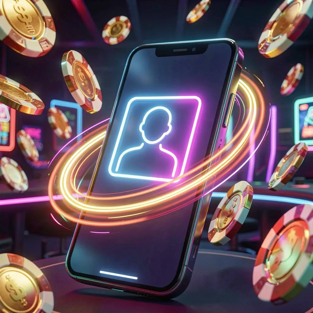 Banner de login rápido do cassino 5gggg apresentando um smartphone com um ícone de usuário brilhante, rastros de luz de velocidade e moedas e fichas douradas voando ao redor em um moderno estilo de cassino neon
