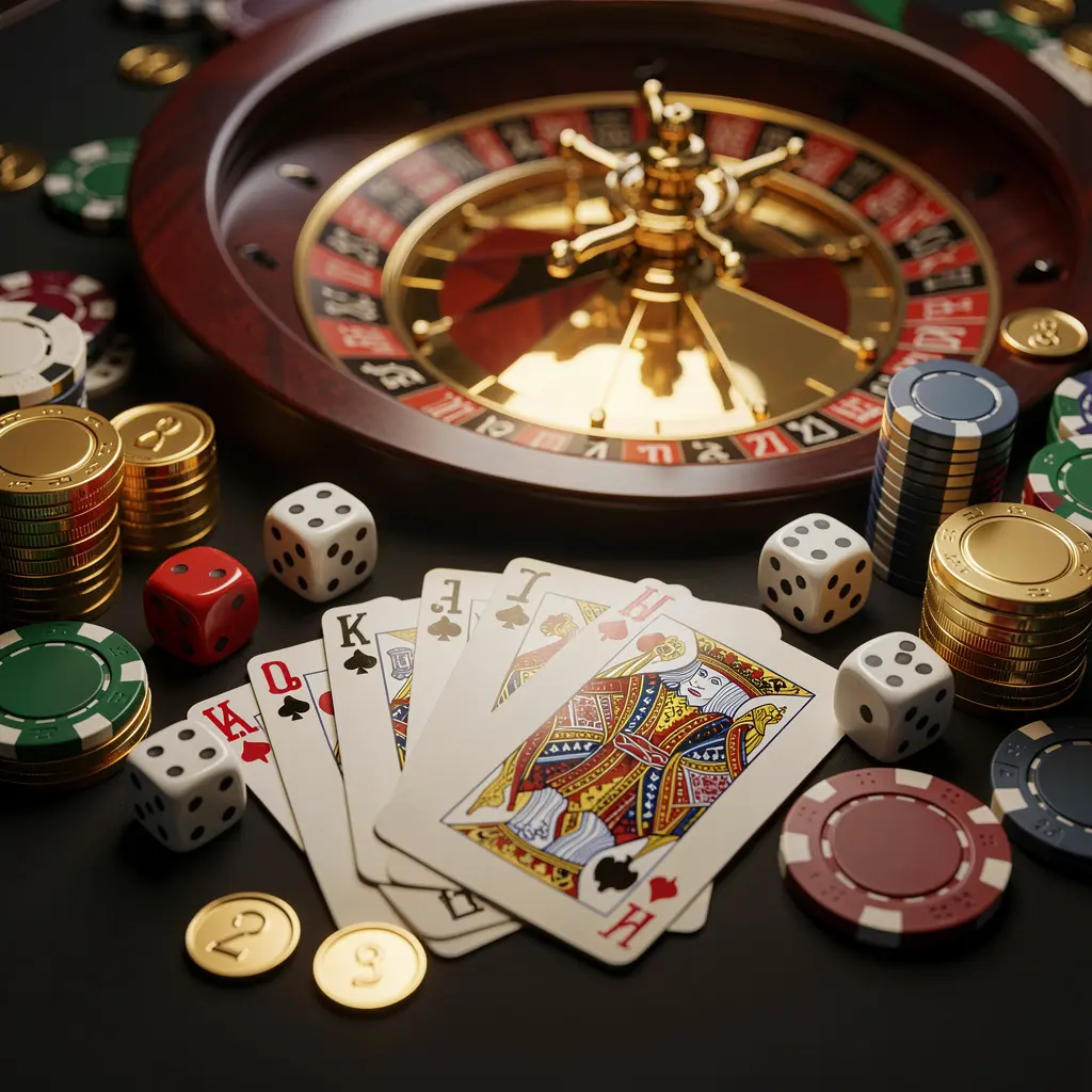 Página inicial elegante de cassino online apresentando a marca 5gggg com cartas de royal flush, dados, moedas douradas, fichas de pôquer sobre uma mesa escura e uma roda de roleta brilhante ao fundo em uma renderização 3D cinematográfica